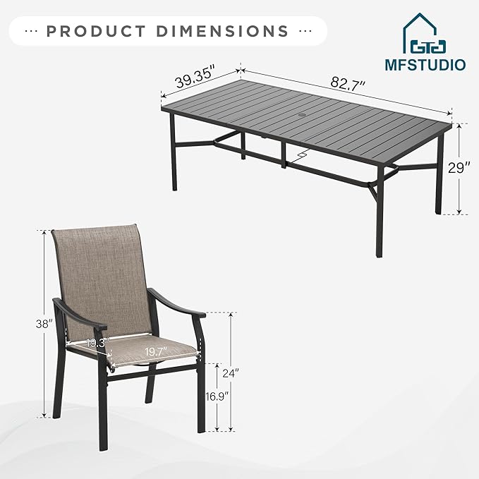 MFSTUDIO 9 PCS Patio Dining Set with Large Retangular Heavy Duty Metal Slate Table with 8 Sling Dining Chair (Grey)