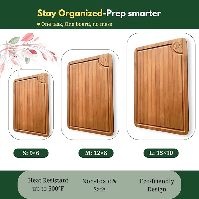 Define Aura Organic Bamboo Cutting Board Set of 3 โ Wooden Kitchen Boards for Chopping, Meal Prep & Serving โ Durable Charcuterie & Cheese Boards with Deep Juice Grooves and Side Handles