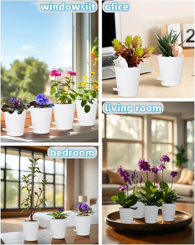 zople 12 Pack 4 Inch Self Watering Plant Pots with Drainage and Saucers,Plastic Flower Pots for Indoor and Outdoor Plants, Nursery Planters for Houseplants and Herbs White, 4 inch 12pcs