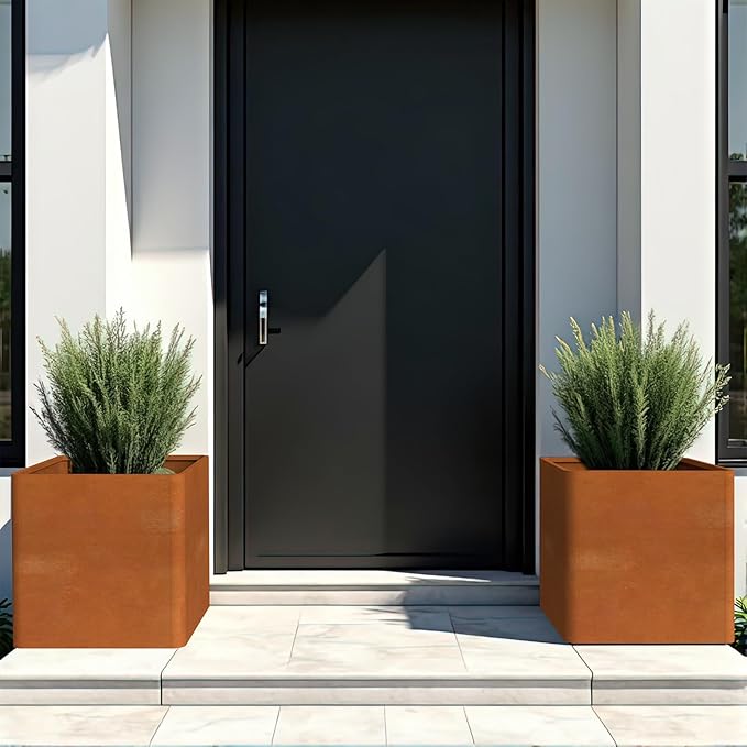 BHCORTEN Corten Steel Planter Box 26" L x 26" W x 26" H,Large Metal Square Planter for Outdoor Plants,Metal Cube Flower Pot with Drainage Hole for Porch Hotel Patio Yard