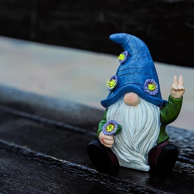 Peace Gnome Garden Statue - Original Design - Blue Peace Gnome Design for Yard, Lawn, Patio, Porch - Weatherproof Resin Garden Decoration - Solar Light - Outdoor Decor & Unique Gnome Gift for Women