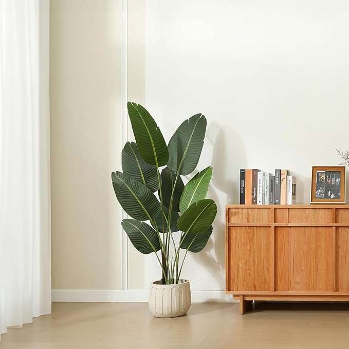 Artificial Bird of Paradise Plants 5 Ft Fake Tropical Tree with Woven Basket, Faux Banana Leaf Plant for Home Indoor Outdoor Office Modern Decor Green 2 Set