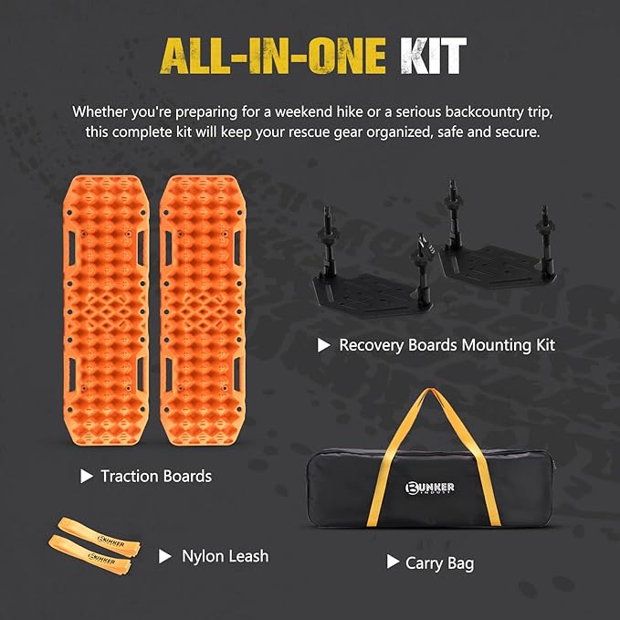 BUNKER INDUST Gen 7th Traction Boards with Mounting Kit, Pair Offroad Recovery Tracks with Jack Base for 4X4 Jeep Truck Tire Traction-Sand,Mud, Snow Ramps (Orange)