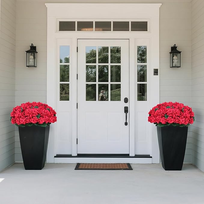 Juxdp 18" Artificial Geraniums Topiary for Front Porch Decor,Faux Silk Flowers Bushes UV Resistant Potted Plants for Outdoor Indoor Door Offices Garden Farmhouse Home Decor (Red)