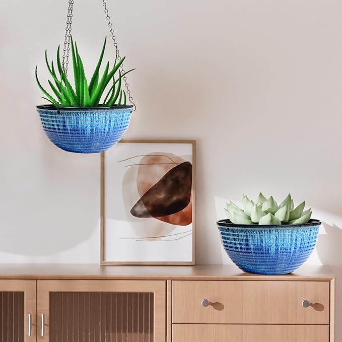LESOASIS 10inch Hanging Planters for Indoor and Outdoor Plants, 2 Pack Hanging Planter with Drainage Hole, Round Hanging Flower Pots for Garden Home Decor (Blue Glaze)