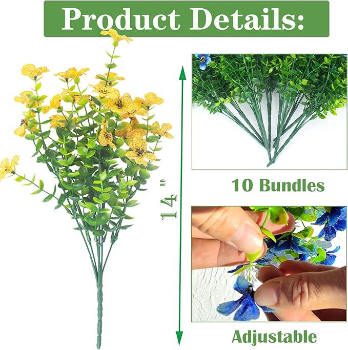 Grunyia 10 Bundles Artificial Flowers Outdoor UV Resistant Fake Flowers No Fade Faux Plants Garden Porch Window Box Decorating (Yellow)