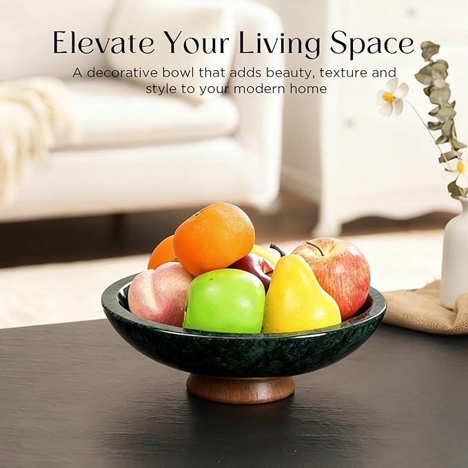 SAMAH Green Marble Fruit Bowl with Acacia Wood Pedestal, Large Decorative Footed Bowl, Natural Stone Centerpiece for Kitchen Counter, Entryway, Keys, Dining Table, House Warming Gifts New Home(11Inch)