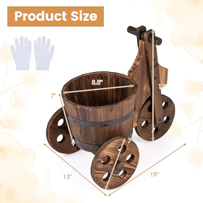 Giantex Wooden Wagon Planter with Wheels, Rustic Wood Plant Stand with 3 Wheels & Drainage Hole for Flowers Herbs Vegetables, Indoor Outdoor Decorative Garden Flower Cart for Patio Backyard (2)