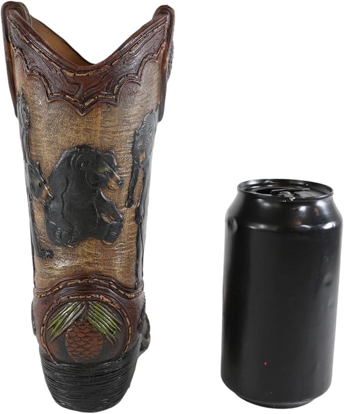 Ebros Gift Rustic Western Black Bear Family with Pine Cones Forest Cowboy Cowgirl Boot Decorative Figurine Or Floral Vase Planter Tooled Leather Finish Table Shelf Countertop Accent