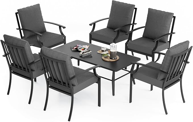 7-Piece Patio Furniture Set, Outdoor Furniture with All-Iron Rectangular Coffee Table and 6 Chairs with Thick Cushions, Metal Patio Table and Chairs Set for lawns, Patios and Backyards,Grey.