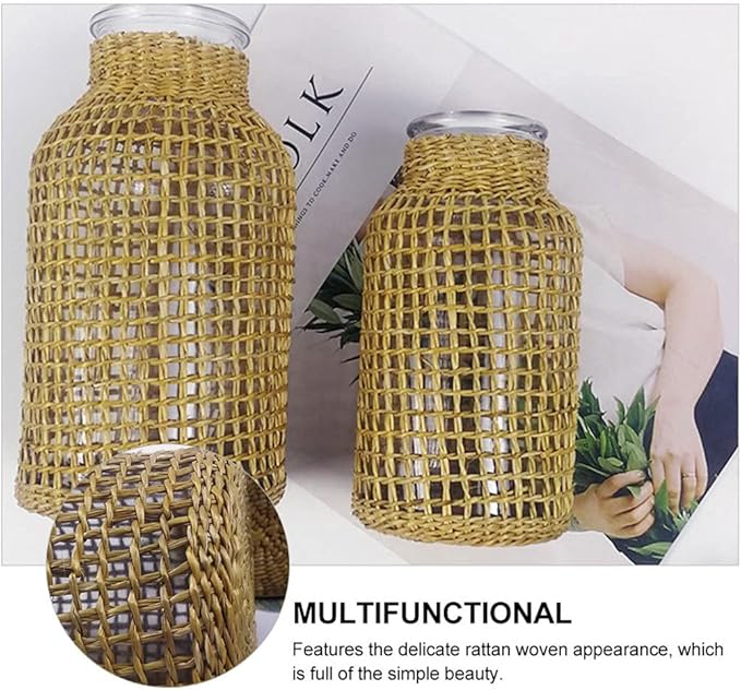 DOITOOL Rattan Vase Boho Woven Glass Vase, Country Rustic Style Wicker Floral Container, Farmhouse Flower Bottle for Floral Arrangements Housewarming Wedding Party Decoration (S+L)