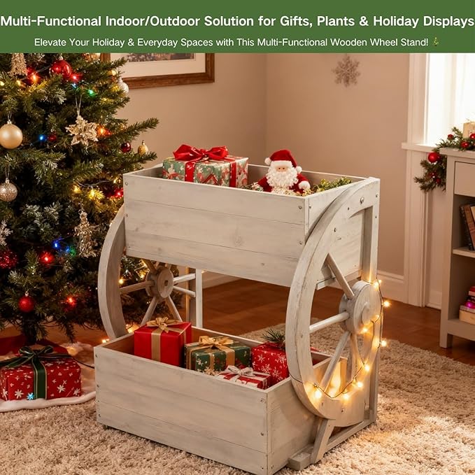 Wooden Wagon Planter Box,2-Tier Flower Pot with Wheels for Indoor & Outdoor,Rustic Garden Decor for Patio/Garden/Balcony,Gray,22.04x22.04x21.65in