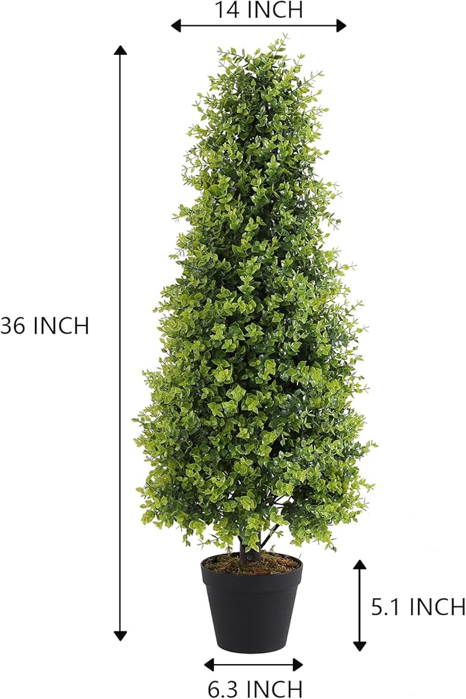 Binnny Flower 3ft Artificial Boxwood Topiary Trees, Set of 2 – UV Resistant Faux Evergreen Shrubs and Bushes for Outdoor Planters, Realistic Fake Plants for Front Porch Outside Patio Yard, 3 Foot Tall