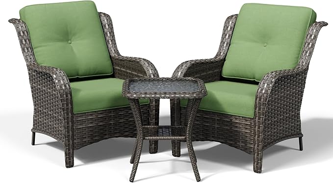 Joyside 3 Piece Wicker Patio Furniture Set, Rattan Patio Chairs with High Back, Deep Seating, Wide Armrest, Thickened Cushions, Outdoor Furniture for Deck, Porch Use