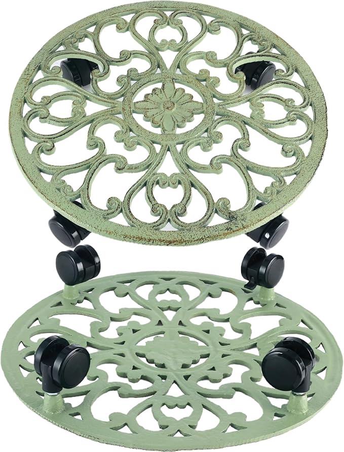 14 Inch Rolling Plant Stand with Wheels Metal Plant Caddy with Wheels Heavy Duty Round Plant Stand Indoor Iron Plants Rollers for Plants, Retro Green Plant Dolly 1 Pack