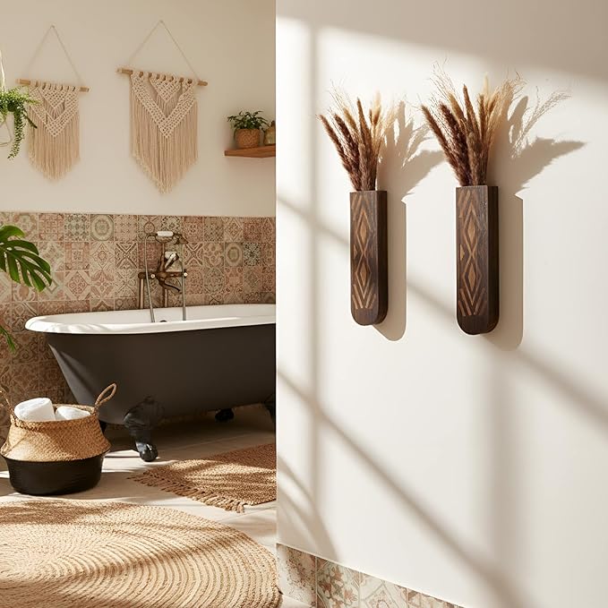 2 Pack Wooden Wall Planter Wooden Vase Set with Dried Reed Flowers Boho Wall Decor Indoor Farmhouse Decor for Entryways Hallways Bathrooms Living Rooms and Dining Rooms (Walnut Color)