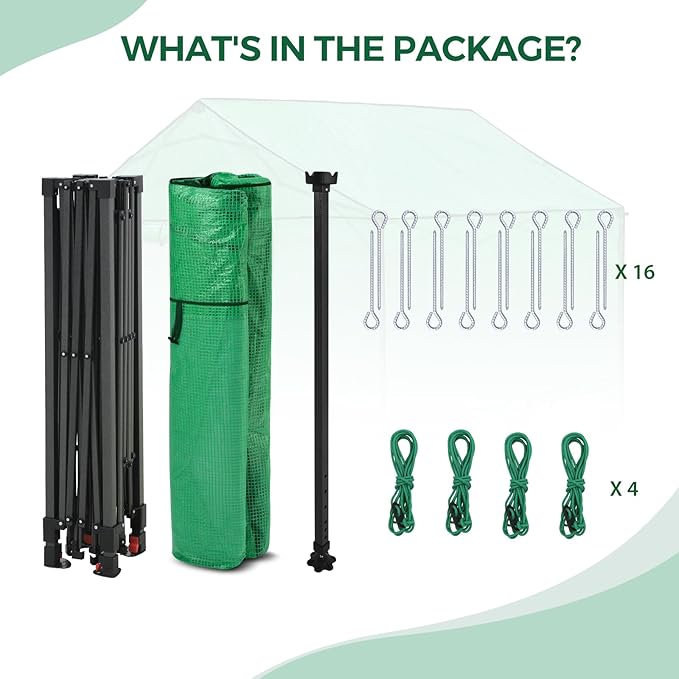 10x10 Pop Up Walk-in Greenhouse, Indoor & Outdoor PE Cover Green House with Power Access Ports, Support Pole, Roll-up Zippered Doors and Windows, Green