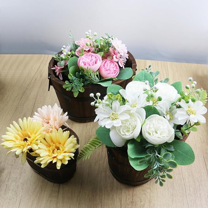 MY MIRONEY 3PCS Wooden Planter Barrel Set Vintage Style Wood Bucket Rustic Garden Flower Plant Pots Container with Metal Handles, Oval, Small, Medium & Large
