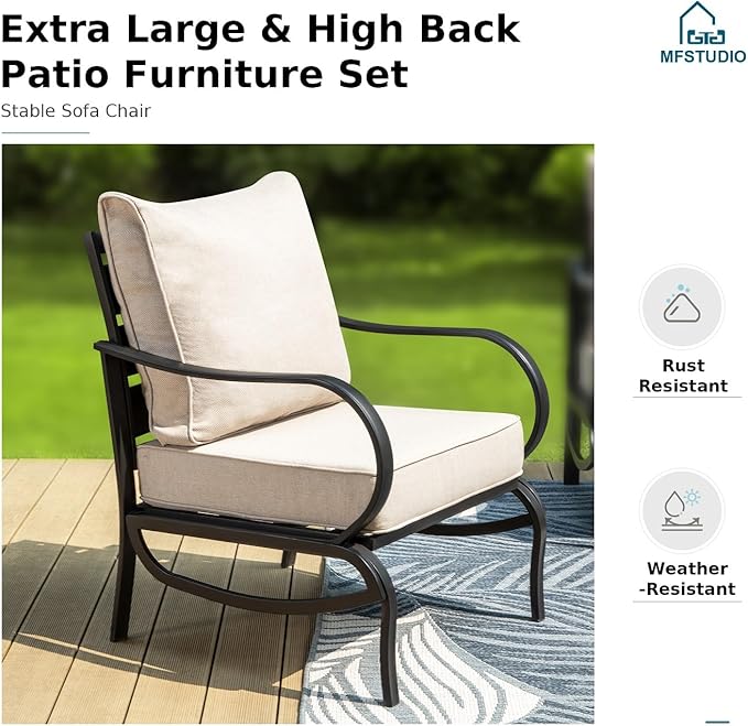 MFSTUDIO Patio Conversation Set, 5 Seats Metal Outdoor Furniture Sets with 1 x 3-Seat Sofa, 2 Single Chairs,1 Coffee Table, 4 Pieces All Weather Steel Frame Patio Sets with 5.75inch Beige Cushions