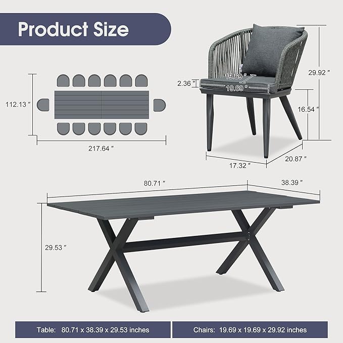 PURPLE LEAF 16 Pieces Patio Dining Set Wicker Outdoor Furniture Rectangular Table and Chairs Set for Garden Deck Aluminum Frame Backyard Kitchen Set, Cushions and Pillows Included Grey
