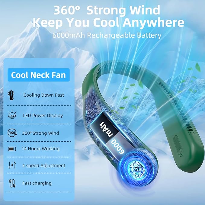 Kinhowly Portable Neck Fan,Hands Free Personal Wearable Bladeless Fan,6000mAh USB Rechargeable,360° Cooling,LED Display,4-Speeds,Birthday Gifts for Men Women Dad Mom,Valentines Day Gifts (Dark green)