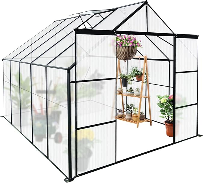 Favfurish 8X10 FT Greenhouses for Outdoors,Double Sliding Door Polycarbonate Greenhouse,Heavy Duty Walk-in Garden Plants Green House, Drainage System & Galvanized Frame for Outside Backyard, Black