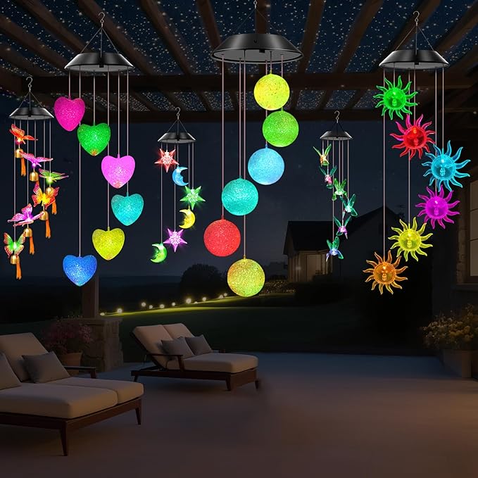 WENANA Ball Solar Wind Chimes Color Changing Lights Outdoor, Best Gifts for Mom Grandma Women Wife Aunt Daughter Sister, Unique Mobile Wind Chime, Gardening Yard Decorations