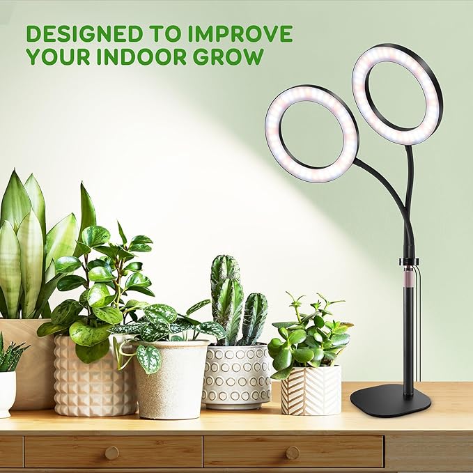 LPMZMBL Dual Heads Grow Lights for Indoor Plant Full Spectrum, Desk Halo Plant Lights for Indoor Growing with 3/9/12 Timer, 5 Dimmable Levels,Height Adjustable 9.4-23.6",Strong Metal Base Happy Light