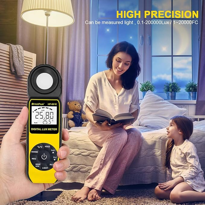 Digital Light Meter (2PCS) - HOLDPEAK 881E Digital Illuminanc/Light Meter with 0.01~300,000 Lux (0.01~30,000 FC) Measuring Ranges and 270° Rotatable Detector for LED Lights and Plants Lumen Meter