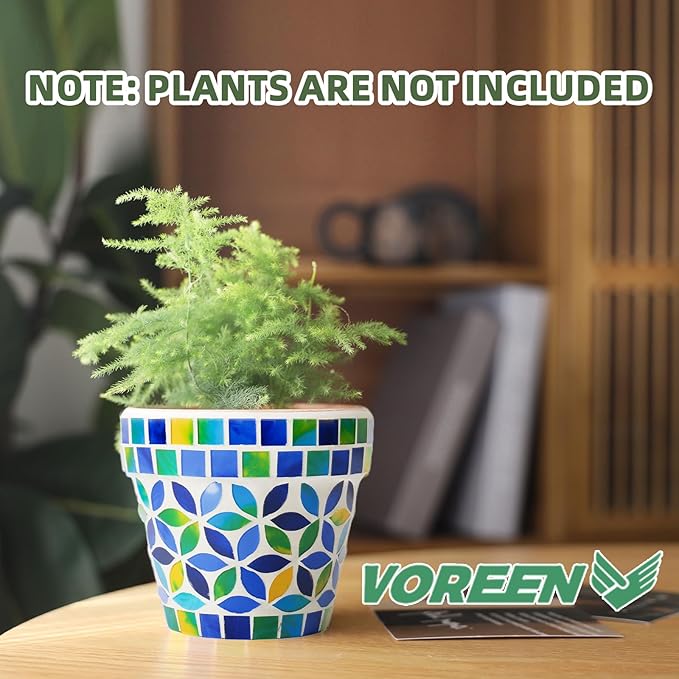 VOREEN Handmade Decorative Mosaic Plant Pot, Small Terracotta Planter with Glass Mosaic Exterior & Drainage Plug, Indoor & Covered Outdoor Accent Flower Pot for Home Décor, Desk, Shelf & Windowsill