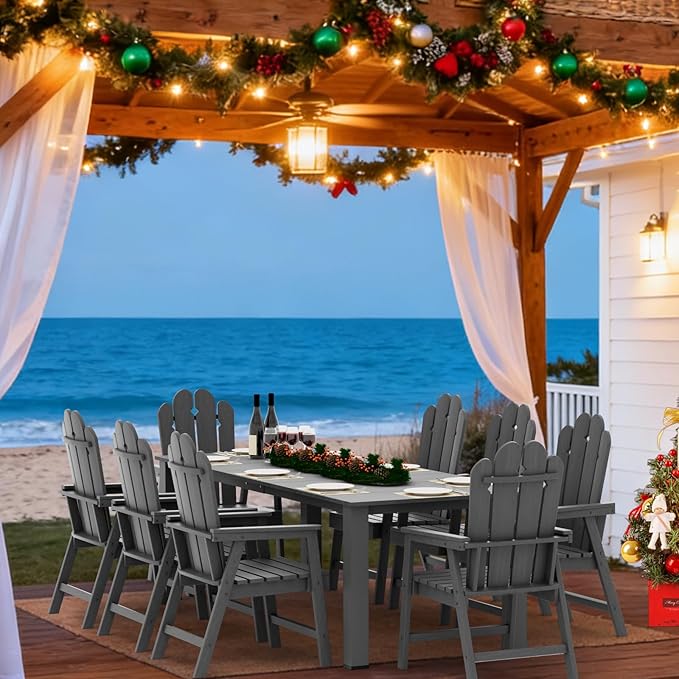 9-Piece Patio Dining Set, Outdoor Dining Set for 8, Large HDPE All-Weather Outdoor Furniture with 89.57” Umbrella Hole Table, 8 Armchairs, Gray