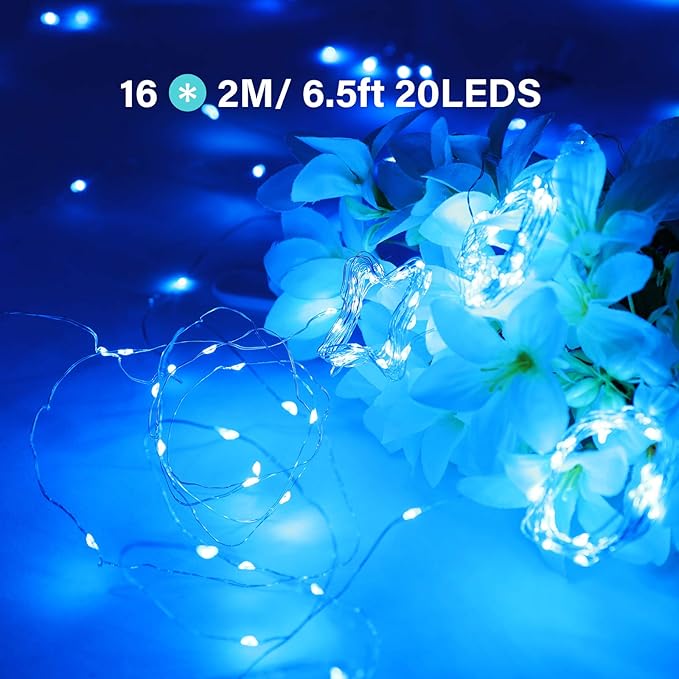 Onforu 16 Pack Fairy Lights Battery Operated String Lights, 6.5ft 20 Mini LED Lights, IP67 Waterproof Blue Fairy Lights, Twinkle Lights for Mason Jar Wedding Centerpiece Decor Christmas Bedroom