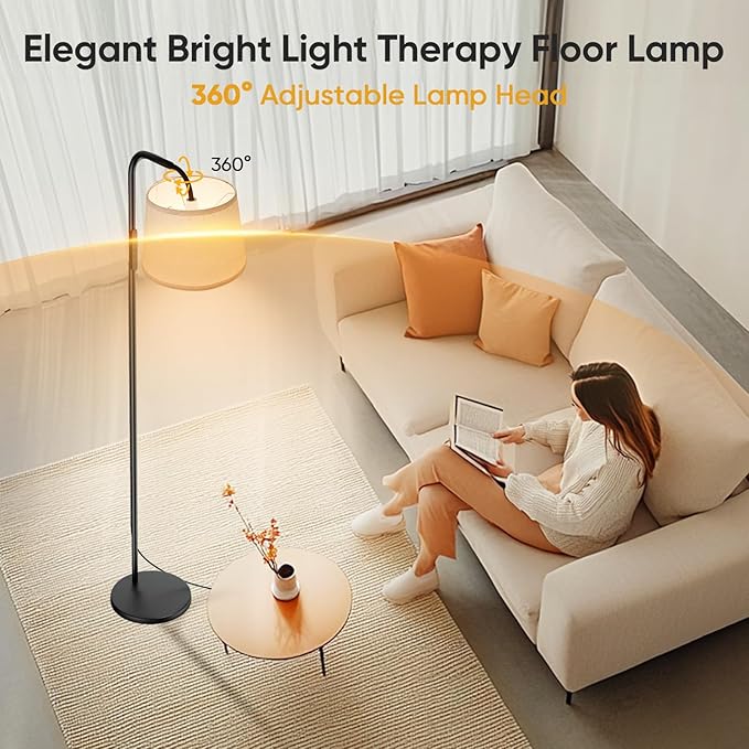 Caromolly Light Therapy Lamp, 10000 Lux Daylight Lamp with Remote & Touch Control, Adjustable Color/Brightness/Timer, Therapy Light Floor Lamp with Linen Shade for Bedroom, Office, Living Room