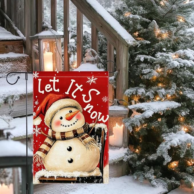 Christmas Snowman Garden Flag 12x18 Inch Double Sided Burlap Holiday Yard Decoration Santa Hat and Scarf Snowflake Design Outdoor Welcome Banner