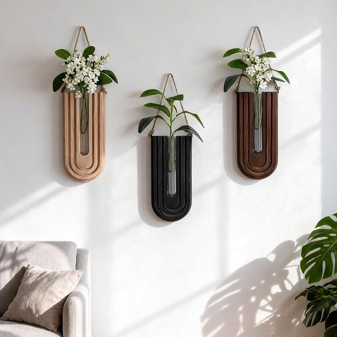 Wooden Wall Vase Set of 3, Wall Hanging Planter Modern Farmhouse Wall Decor for Boho Wall Decor for Indoor Entryway Hallway Bathroom Living Room Dining Room