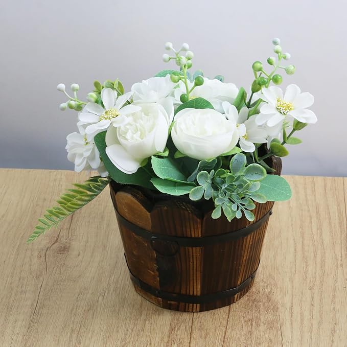 MY MIRONEY Wooden Barrel Planter Vintage Style Wood Bucket Rustic Garden Flower Plant Pots Container with Metal Ring Handles, Wave Mouth, 5.91" x 4.72"