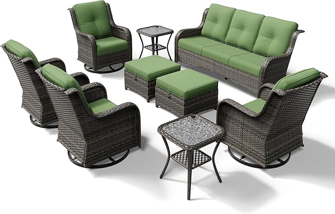 Joyside 9 Piece Wicker Patio Furniture Set, Outdoor Swivel Rocker Patio Chairs with High Back, Deep Seating, Wide Armrest, Thickened Cushions, Outdoor Furniture for Deck, Porch Use