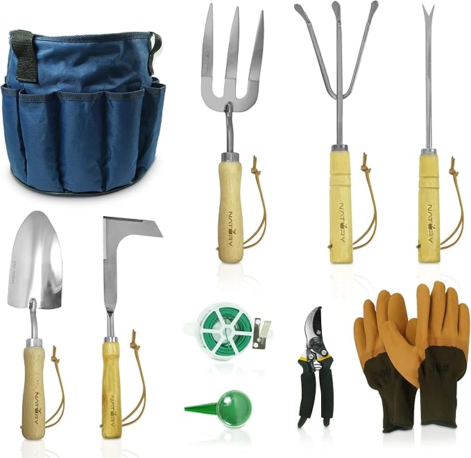 Natury Garden Tools Set β Premium Stainless Steel Gardening Hand Tools with Solid Beechwood Handle β Gardening Kit with Rake, Shovel, Gloves, Shears, Tool Organizer β Garden Gifts for Women and Men