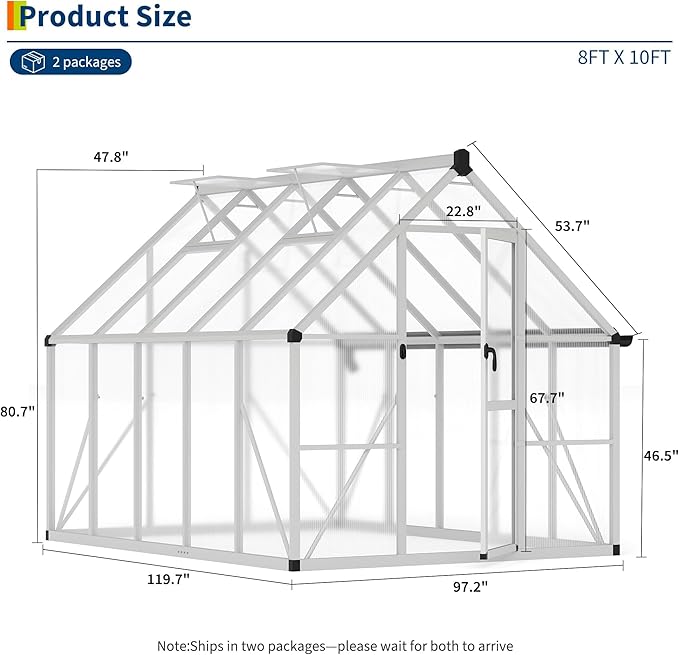 8x10ft Outdoor Greenhouse, Green Houses for Outside Walk-in Kit with Roof Vent, Polycarbonate Greenhouse for Winter & All Season Use, Heavy Duty Aluminum Frame
