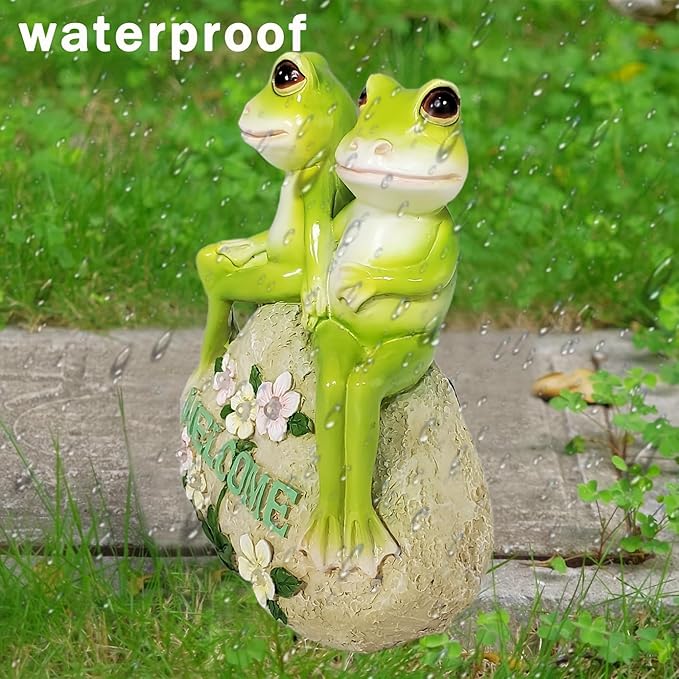 Jy.Cozy Solar Powered Frog Couple Statue with LED Lit Flowers Welcome Sign 7-Inch Tall Resin Garden Decor Romantic Ornament Gift for Porch Patio Housewarming Wedding Outdoor Decor