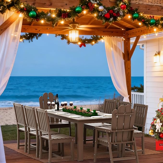 9-Piece Patio Dining Set, Outdoor Dining Set for 8, HDPE All-Weather Outdoor Furniture with 75.20” Umbrella Hole Table, 2 Armchairs & 6 Armless Chairs, Brown