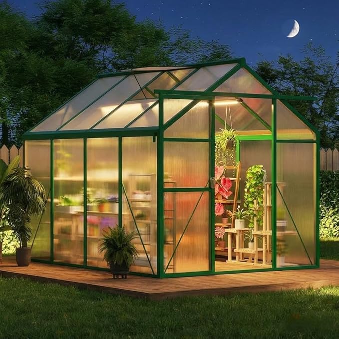 6x8 FT Greenhouse, Outdoor Sliding Door, Polycarbonate Greenhouse with Aluminum Frame, Lockable Door and Ajustable Roof Vent for Backyard, Outside Garden Backyard, Patio, Green