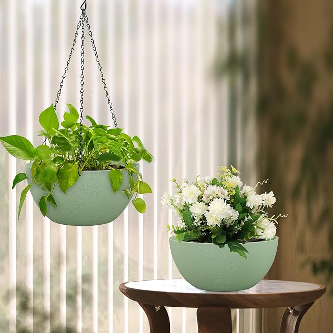 Meowell 8 inch Small Hanging Planters Plant Pots for Indoor Outdoor Plants, 2 Pack Hanging Flower Pots with Drainage Holes and Chain for Garden Porch, Plastic Hanging Baskets for House Plants, Green