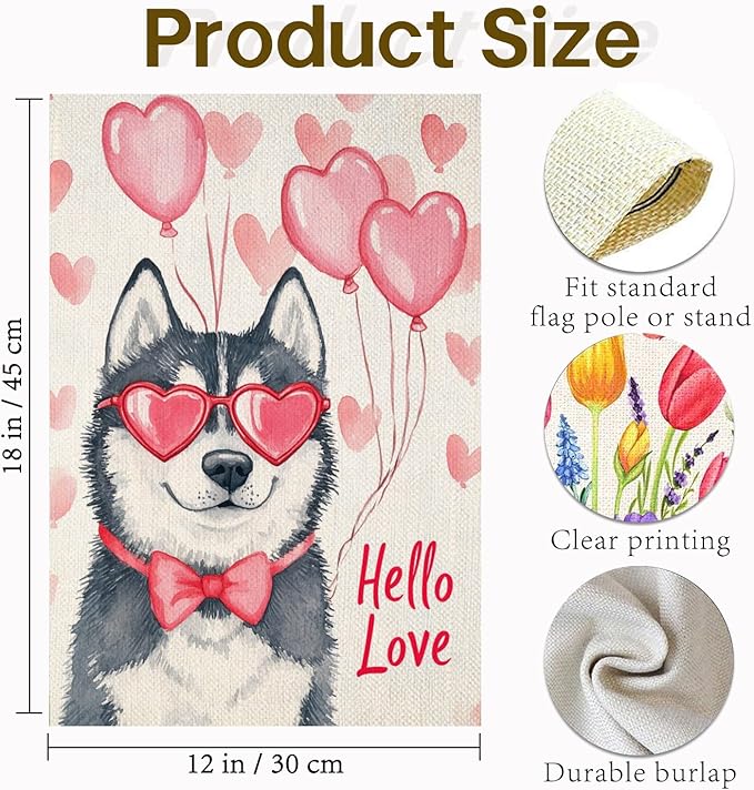Valentine's Day Husky Hello Love Garden Flag, House Yard Plaid Love Heart Outside Decoration, Spring Holiday Wedding Anniversary Outdoor Small Decor 12x18(12630)