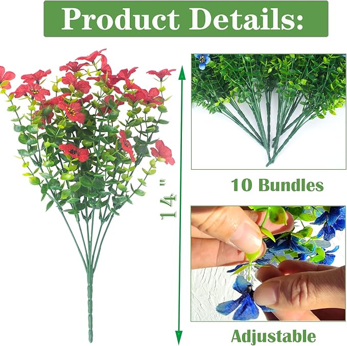 Grunyia 10 Bundles Artificial Flowers Outdoor UV Resistant Fake Flowers No Fade Faux Plants Garden Porch Window Box Decorating (Red)