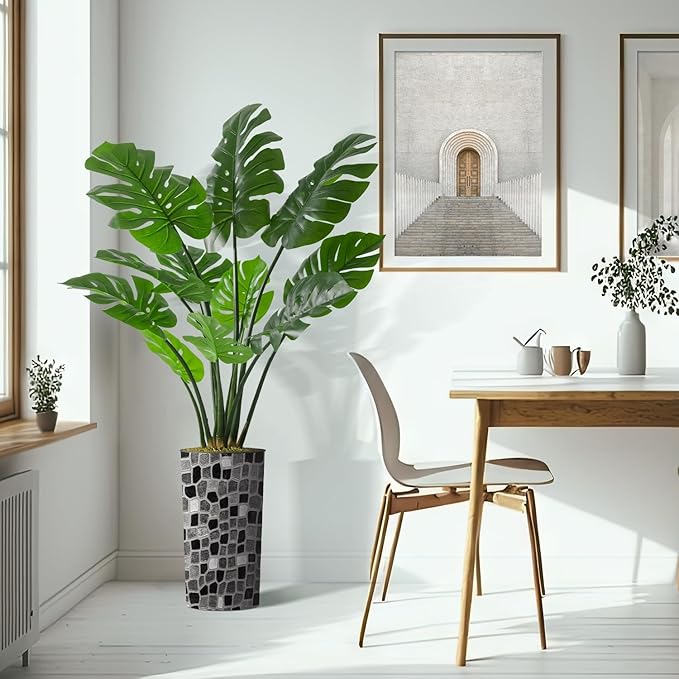 Artificial Tree in Modern Geometric Pattern Planter, Fake Monstera Silk Tree for Indoor and Outdoor Home Decoration - 65" Overall Tall (Plant Pot Plus Tree)