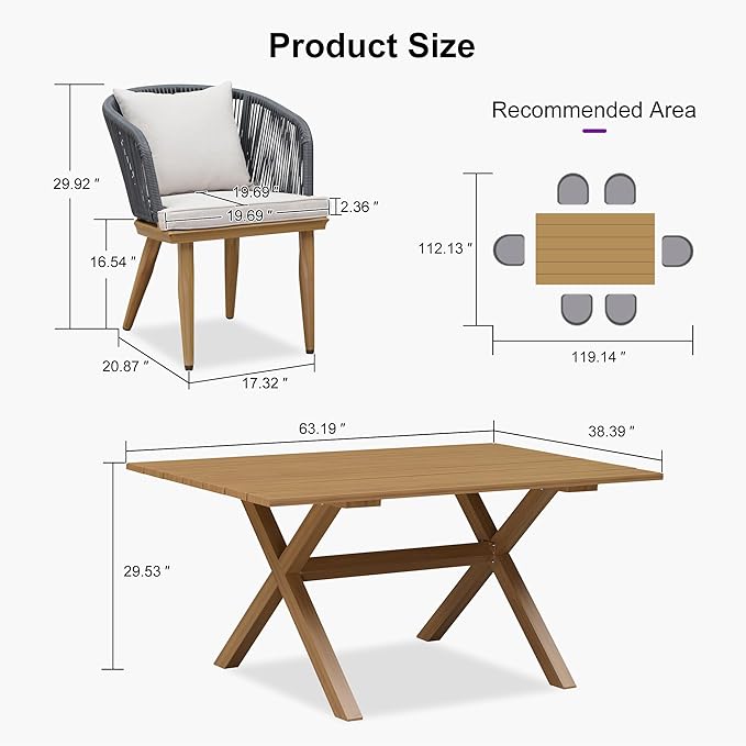 PURPLE LEAF 7 Pieces Patio Dining Set Wicker Outdoor Furniture Rectangular Table and Chairs Set for Garden Deck Teak-Finish Aluminum Frame Backyard Kitchen Set, Cushions and Pillows Included