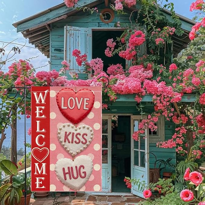 Welcome Love Kiss Hug Garden Flag Valentines Day Garden Flags 12x18 Inch Double Sided Small Burlap Valentine’s Day Seasonal Decor for Outdoor Yard Patio Porch