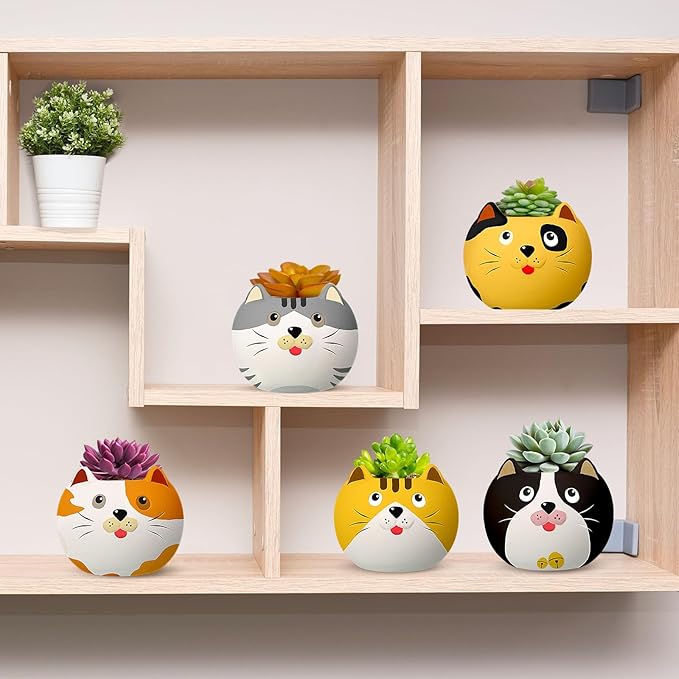 Pasimy 6 Set Ceramics to Paint DIY Ceramic Succulent Planter Pots Paint Your Own Flower Pots Craft Kit Unpainted Bisque Flowerpot with Brush Palette for Family Activity Holiday Gifts(Cat)