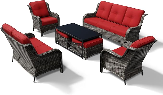 Joyside 7 Piece Wicker Patio Furniture Set, Rattan Patio Chairs with High Back, Deep Seating, Wide Armrest, Thickened Cushions, Outdoor Furniture for Deck, Porch Use